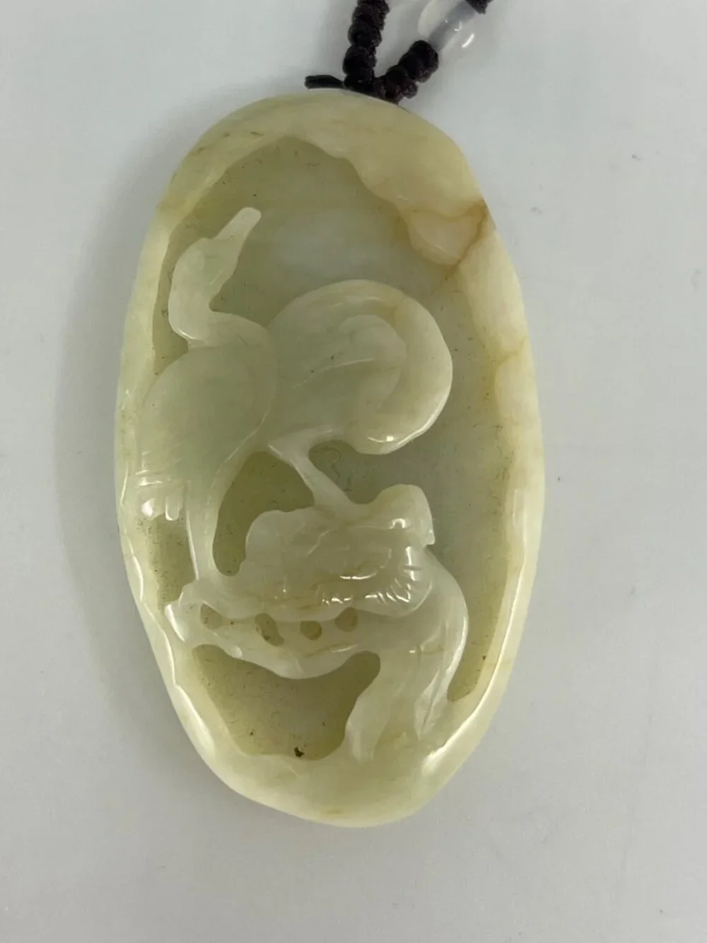 Chinese Hetian Jade Pendant w Crane & Pine Tree